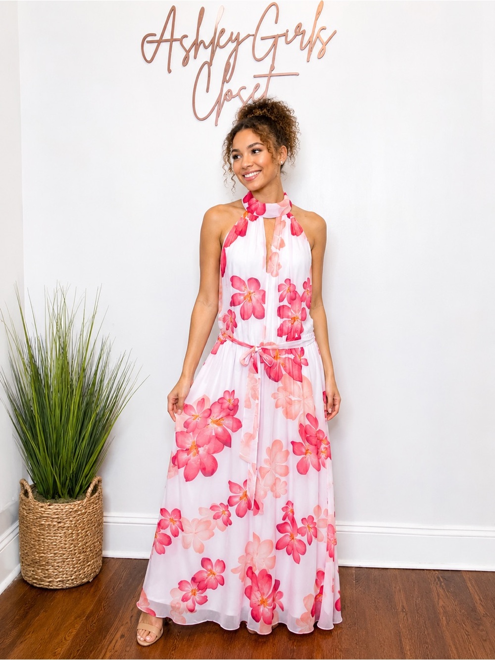 Calvin Klein White Maxi Dress with Pink Floral Print